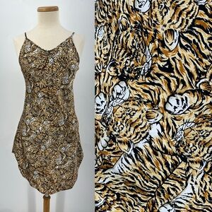 Vintage 90s Tiger Cat Print Short Slip Dress 0007 lingerie brown black silky